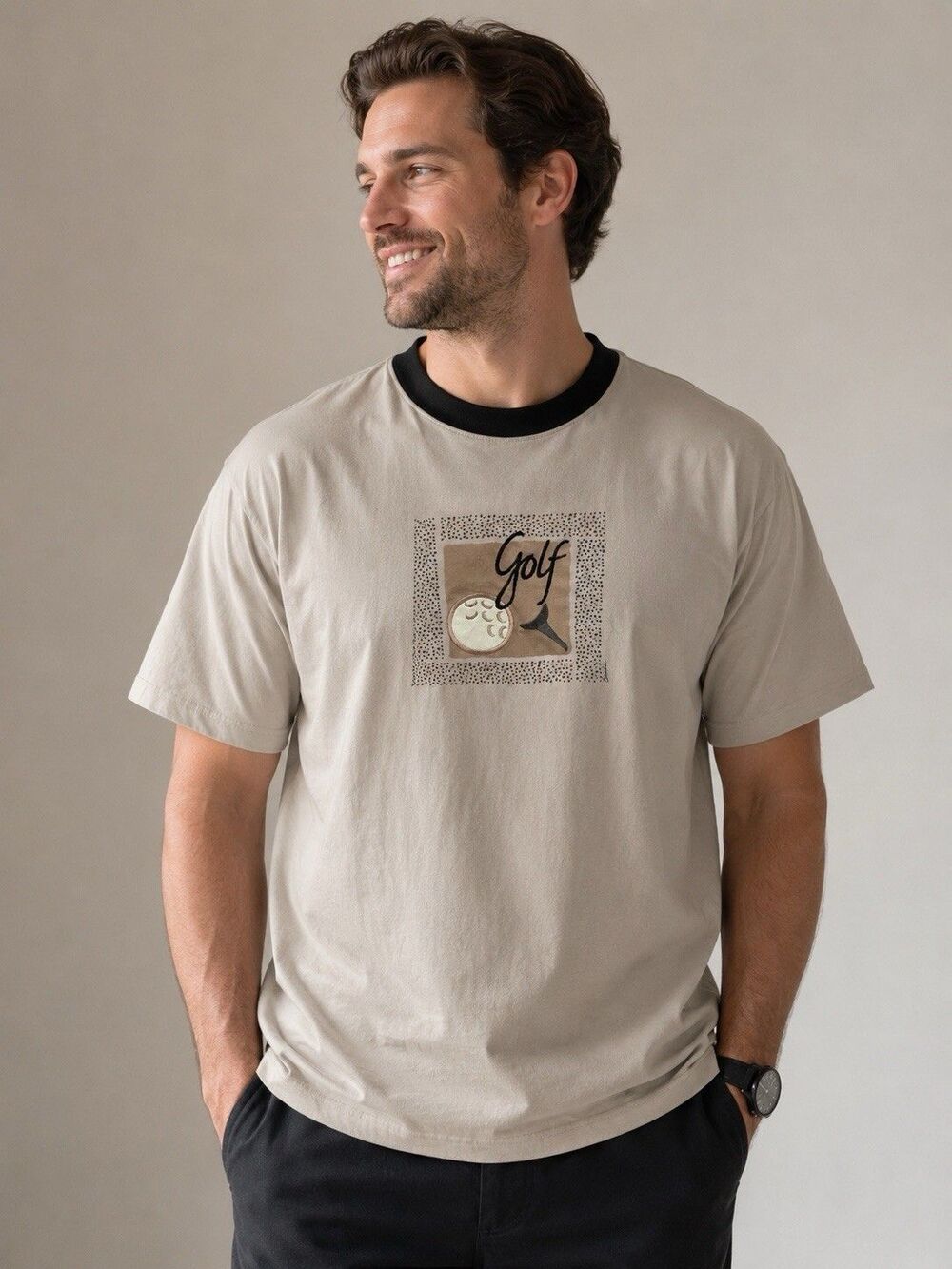 Vintage Brindan Design Golf Shirt Beige Black Collar Novelty Golf Top 80s 90s